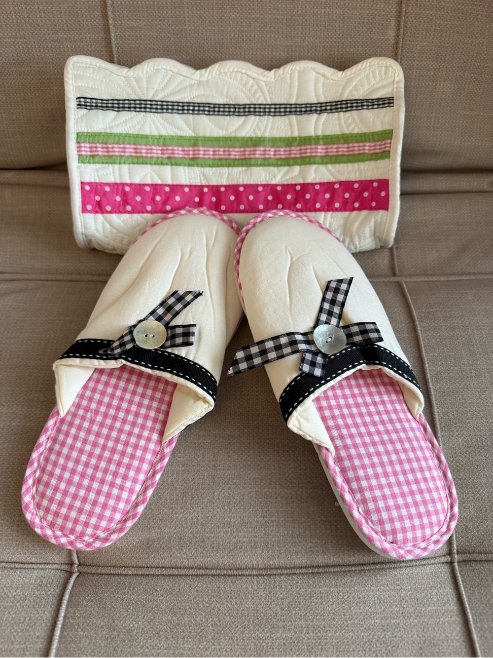 Silvestri Cream Quilted Slippers with Pink Gingham and Black Ribbon